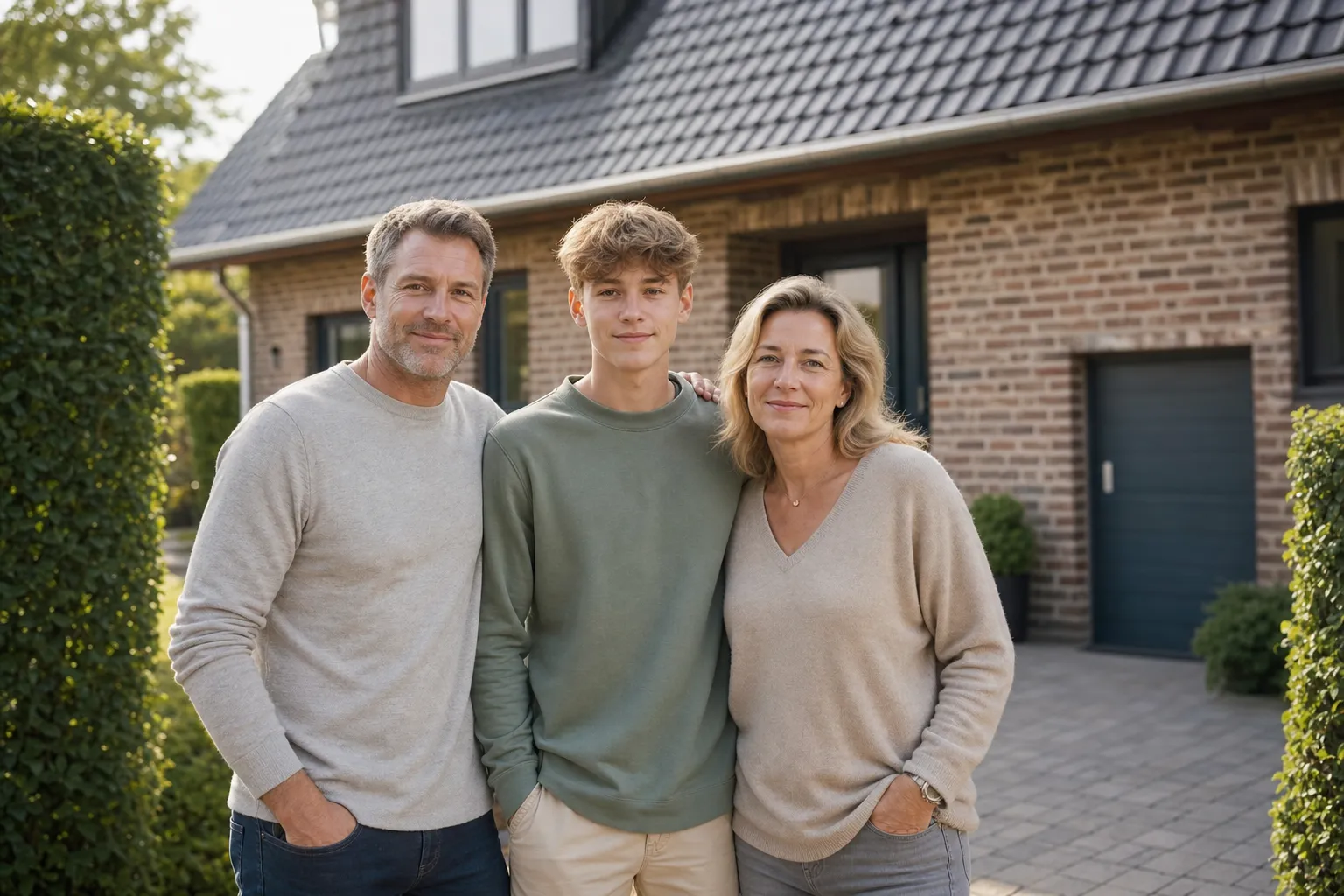 Familie vor ihrem Wohnhaus — Privatkunden im Wohnbereich